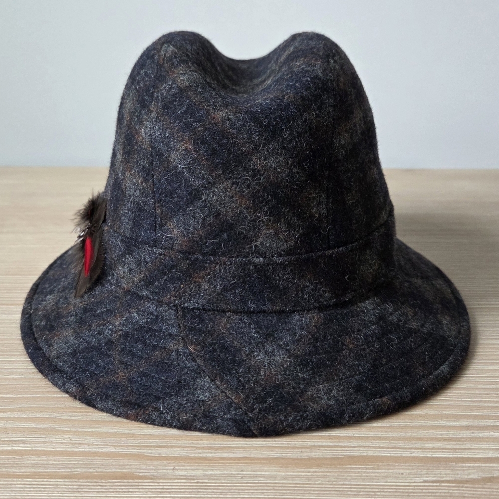 Shandon Of Ireland Brown Plaid Wool Bucket Hat Feather Detail Mens Size Large